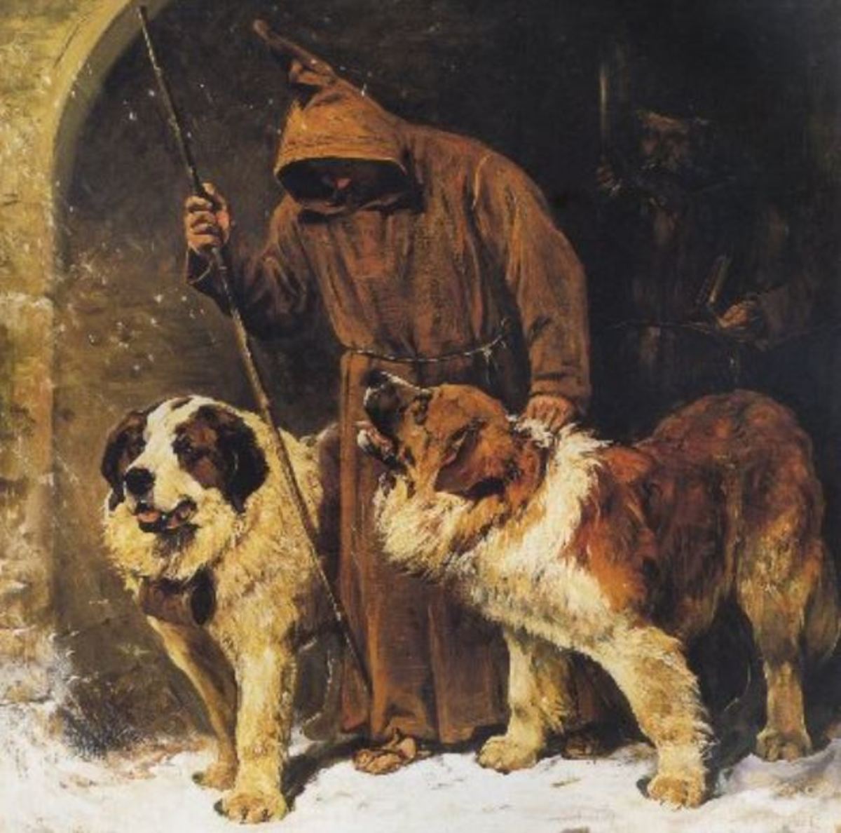 Painting by John Emms portraying St. Bernards as rescue dogs, Public Domain